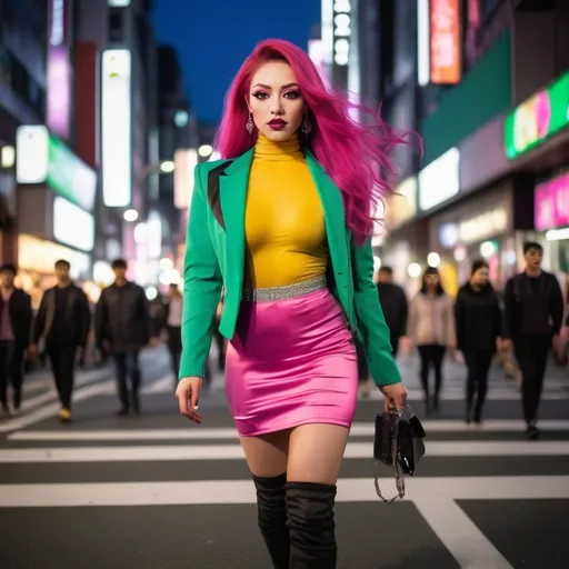 Prompt: Beautiful muscular 25-year-old Eurasian drag queen bodybuilder walking in busy Shibuyan Crossing Tokyo, nightscape, flawless oval face, vibrant green eyes, long auburn-magenta-pink tinted hair, dark eye makeup, dark lipstick, yellow jacket, white blouse, dark gray skirt, black boots, fluid dynamic movement, high-res, pro photo, urban, vibrant colors, detailed facial features, elegant, professional lighting