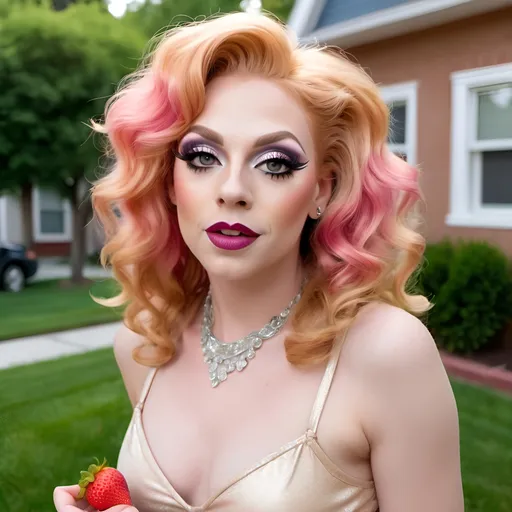 Prompt: Naive, beautiful,  girl-next-door drag queen with wavy strawberry-blonde hair, posing on the lawn in a nice neighborhood. 