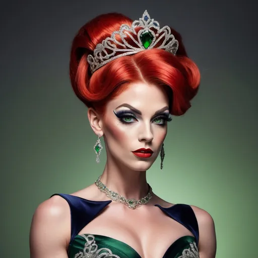 Prompt: A portrayal of a regal looking British drag queen bodybuildet in her early twenties, with bright red hair, a silver circlet on top of her head, mesmerising green eyes, high cheekbones, fair skin, narrow waist, slim complexion, wearing an elegant dark navy ball gown with intricate embroidered details and 8 onch stiletto high heel shoes, standing on a majestic staircase.