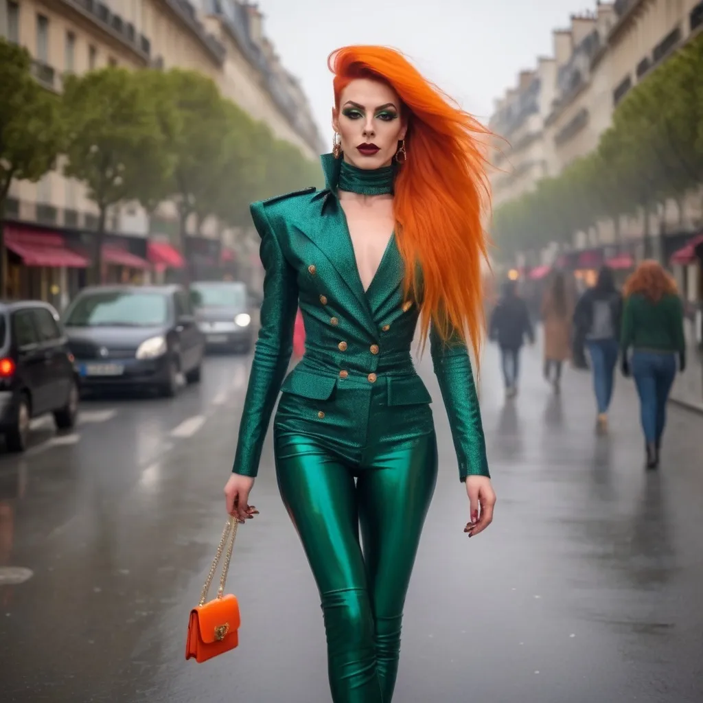 Prompt: Mysterious, Tall, gorgeous, muscular, 25-year-old French drag queen (masculine jawline and brow facial features) with long bright orange stylish hair, dark eyeshadow,  and dark red lipstick, wearing a beautiful green outfit and 8 inch stiletto red thigh-high stiletto high heel boots, walking the streets of Paris on a foggy evening.