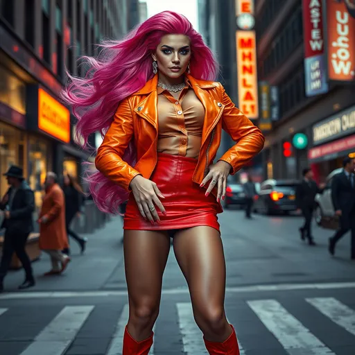 Prompt: Glamour photography of a Gorgeous ultra-muscular 25-year-old Italian drag queen bodybuilder with very long flowing pink hair, in Manhattan, Richard Avedon style, curvaceous, diamond face, muscular physique, neon orange leather jacket, buttoned blouse, miniskirt, 8 inch stiletto high heel fashion boots, dynamic pose, busy streetscape background, high-res, glamorous, urban, fashion photography, vibrant, detailed eyes, dramatic lighting