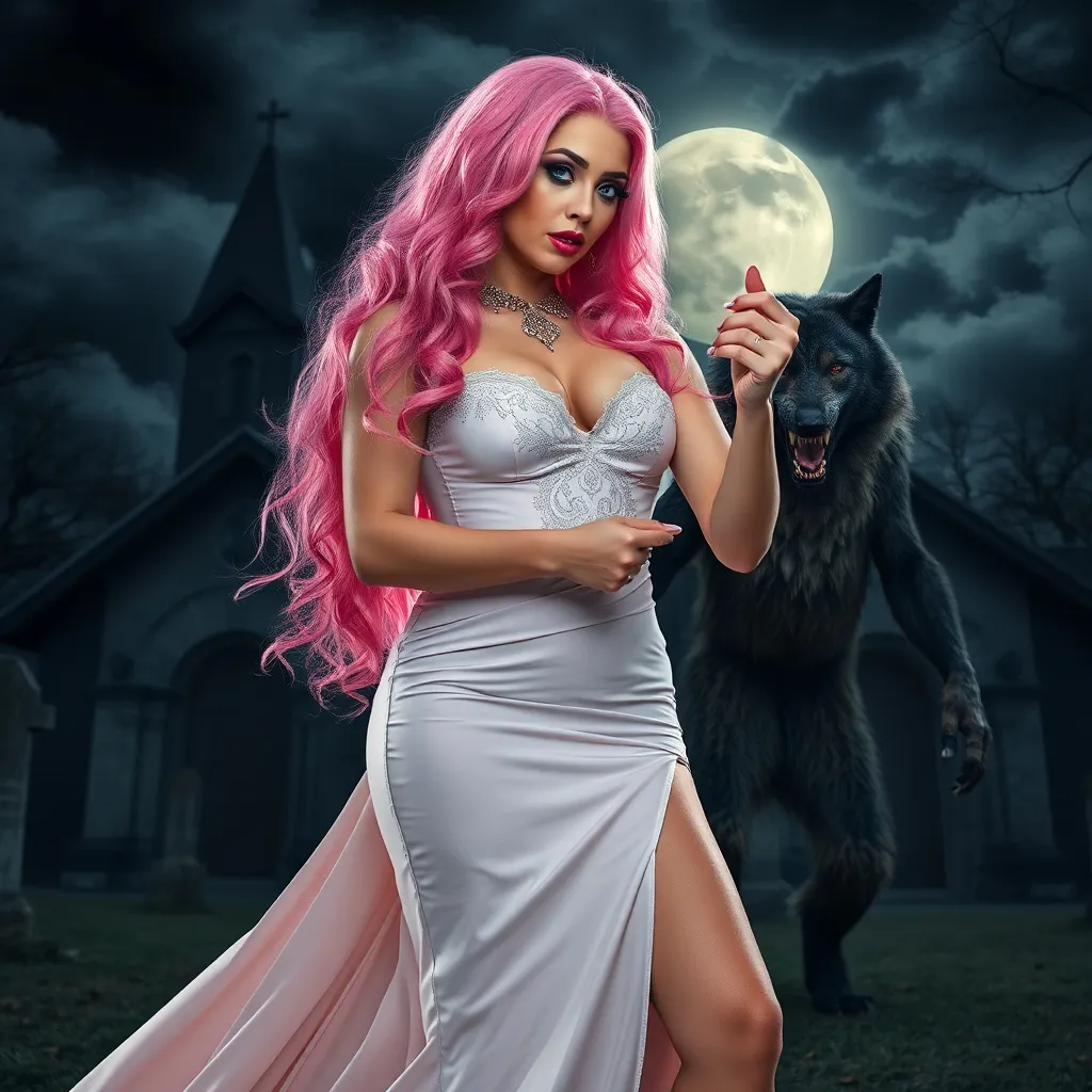 Prompt: Gorgeous 25-year-old Finnish drag queen bodybuilder with long wavy pink hair, in a high slit evening gown with a lace front and a collar, waltzes with werewolf in a churchyard under the full moon and storm clouds.