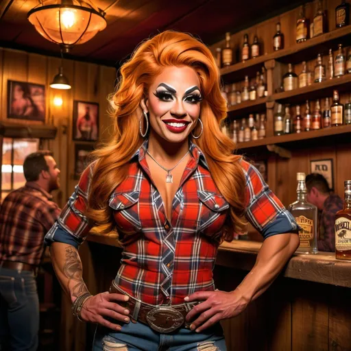 Prompt: Gorgeous (ultra-muscular) 25-year-old Peruvian drag queen bodybuilder with waist-length (dark orange) hair, wearing a flannel shirt, standing in a vibrant western saloon, serving whiskey to a cheerful drunken cattleman, engaging in lively conversation. (Warm, rustic tones), illuminated by dramatic lighting, detailed wooden decor, and classic saloon elements, depicting an energetic and entertaining atmosphere. High-quality (4K), ultra-detailed environment.