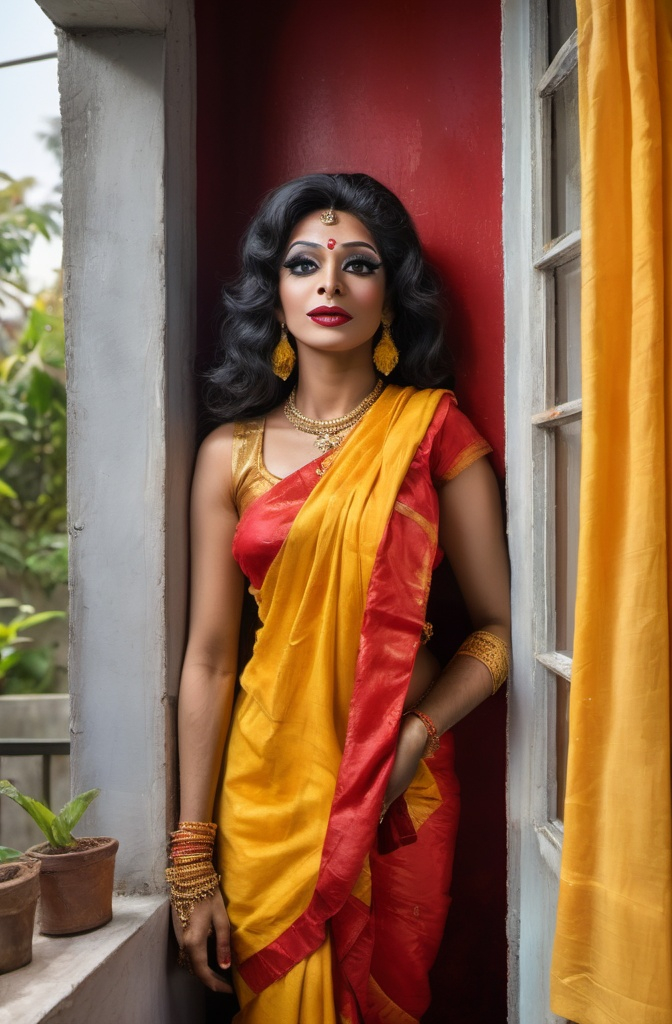 Prompt: a drag queen in a red and yellow sari sitting on a window sill looking out the window of a house, Ella Guru, samikshavad, jayison devadas, a photorealistic painting