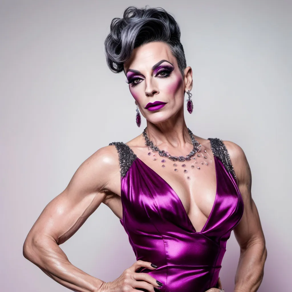 Prompt: The image is a full body portrait of a gorgeous muscular 45-year-old French drag queen with dark graying updo hair, dark eyeshadow,  and dark lipstick (with strong masculine jawline and brow) posing in a magenta satin dress. She is standing in front of a white wall with water droplets cascading down it. The dress is made of a shiny, satin-like material and has a high neckline with a lace overlay. The drag queen is wearing large, dangling earrings. She has a gold clutch in her hand and is looking directly at the camera with a serious expression. The overall mood of the image is elegant and sophisticated.