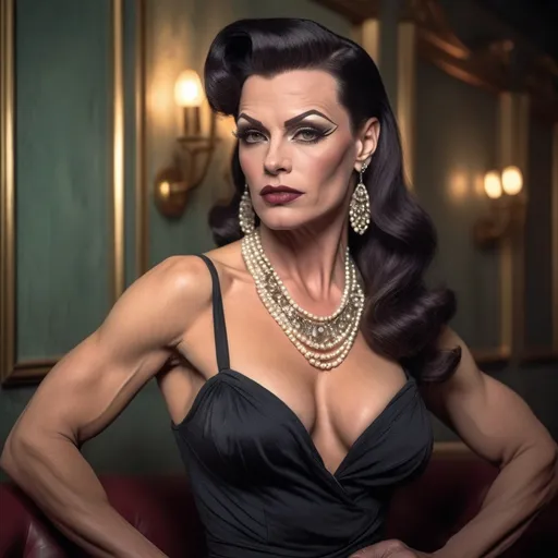 Prompt: photorealistic, (old Hollywood 1940s style), (a Gorgeous muscular 40-year-old Hungarian drag queen bodybuilder (extremely strong masculine jawline and brow features)), elegant attire, dark eye makeup, dark lipstick, full length body, soft lighting capturing a nostalgic atmosphere, muted pastel colors, timeless beauty, luxurious and refined setting, classic film vibe, vintage glamour, intricately detailed background elements, opulent decor, art deco influences, airy ambiance, warm tones, HD, ultra-detailed, cinematic quality.