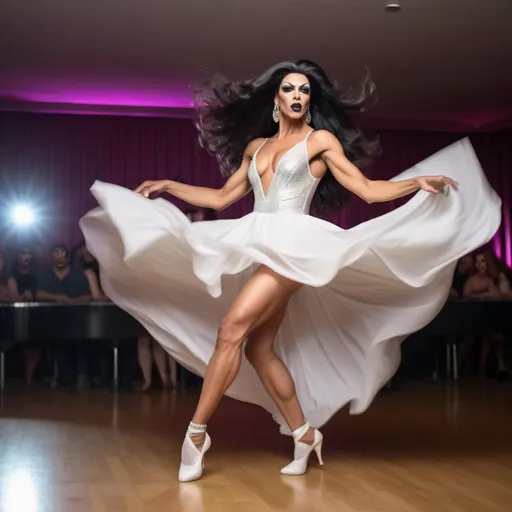 Prompt: Gorgeous ultra-muscular 25-year-old Portuguese disco drag queen (with masculine jawline chin and brow features) with big busom and long flowing hair ((((flowing with her dance motion)))) wearing a white flowing dress as she dancesand twirls on the dance floor. Blur stop motion. Composition focus on full-body and legs.