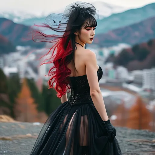 Prompt: Gorgeous ultra-muscular 30 years old Japanese goddess bodybuilder with huge busom, long muscular legs, immaculate dark eye makeup,  and very long wavy dark red hair (((blowing in the wind))). Wearing sheer light black gown. Standing on a cliff facing away, looking down on Nagano City down below in the background. Composition focus on legs and bum.