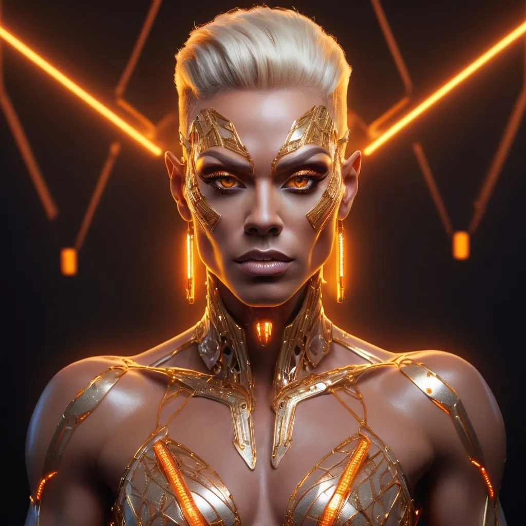 Prompt: A hyper-realistic portrait of a futuristic muscular cybernetic drag queen (with masculine strong jawline) whose face is symmetrically divided into a glowing, biomechanical side and a human, expressive side. The cybernetic side is composed of intricate gold and orange circuitry with shards and glowing fragments, while the human side features soft skin with subtle highlights reflecting blue ambient light. The black background is a soft blur of a few neon orange and blue-green lights, creating a cinematic high-tech atmosphere. The composition emphasises her piercing green eyes and the detailed textures of skin and metal. The lighting is a dynamic mix of warm and cool tones, adding depth and drama to the scene. The mood is mysterious and ethereal, evoking both humanity and technological transcendence. Highly detailed, photorealistic rendering with an emphasis on depth of field and reflective surfaces.