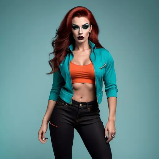 Prompt: high-resolution fashion photograph of a model posing in a minimalist set, gorgeous muscular 25-year-old Hungarian drag queen bodybuilder with big busom, dark orange hair, dark eye makeup,  and dark lipstick, styled in a streetwear yet chic outfit consisting of a loose teal crop-top and slim black capri jeans, complemented by simple red 8 inch stiletto high heel Converse sneakers, background is a smooth, gray, providing a stark contrast that highlights the outfit, lighting is soft yet directional, accentuating the texture of the white fabric and the sleek fit of the jeans, emphasize the casual pose of the model, with hands lightly tucked into the jean pockets, capturing a relaxed yet fashionable streetwear vibe, UHD