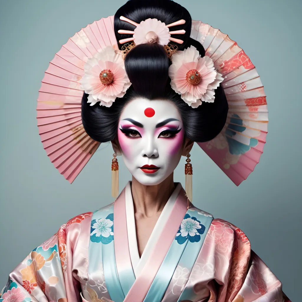 Prompt: Gorgeous muscular 55-year-old Japanese drag queen dressed up as a Avantgarde geisha, (innovative styling), pastel colors, intricate patterns, striking makeup, (dramatic hairstyles), seamless blend of tradition and modernity, (elegant pose), atmospheric background with abstract elements, captivating and surreal vibe, (highly detailed), enchanting yet edgy aesthetic, (4K quality), intriguing juxtaposition of vintage and contemporary.