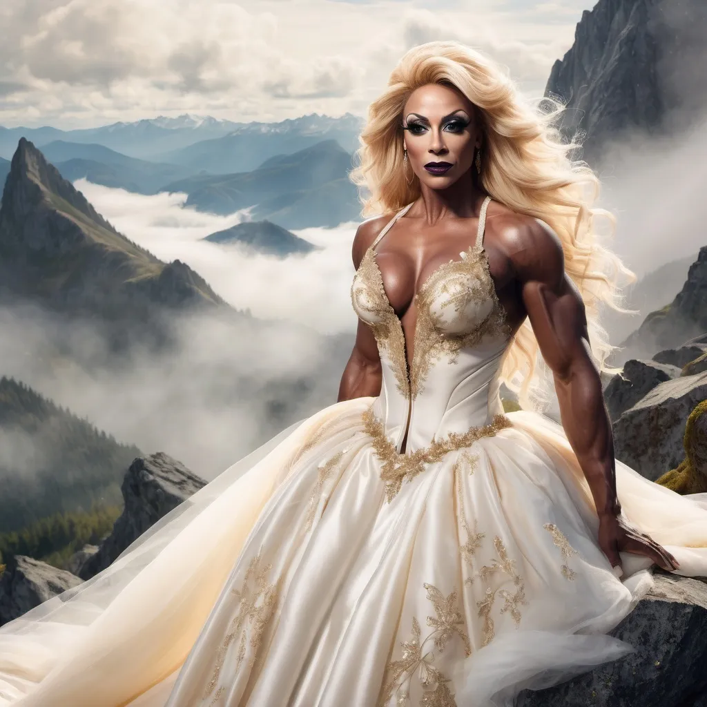 Prompt: (A thre quarter body image)A gorgeous muscular 35-year-old French drag queen bodybuilder (big busom, dark eyeshadow, dark lipstick, long flowing golden blonde hair) wearing an ivory wedding gown on the top of an high mountain. surreal  with mist
Dreamy, mythical, fairyland-like, soft and romantic
Splash art, hyper detailed, ultra realistic, highly detailed. Perfect studio lighting, perfect shading, impeccable contrast, HDR, UHD, high res, 64k