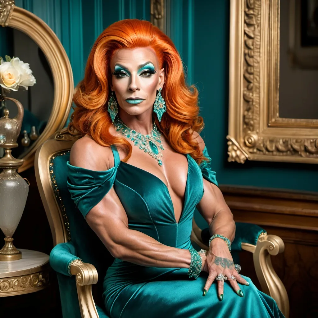 Prompt: Gorgeous muscular 35-year-old caucasian French drag queen bodybuilder with big busom and orange hair, diamond jewelry, intricate masculine facial features, elegant & elaborate teal formal dress with velvet and lace detailing, olive skin, teal high heels, sitting for a portrait photo, luxe belle epoch parlor, 8k, detailed, elegant, intricate details, Parisian vibe