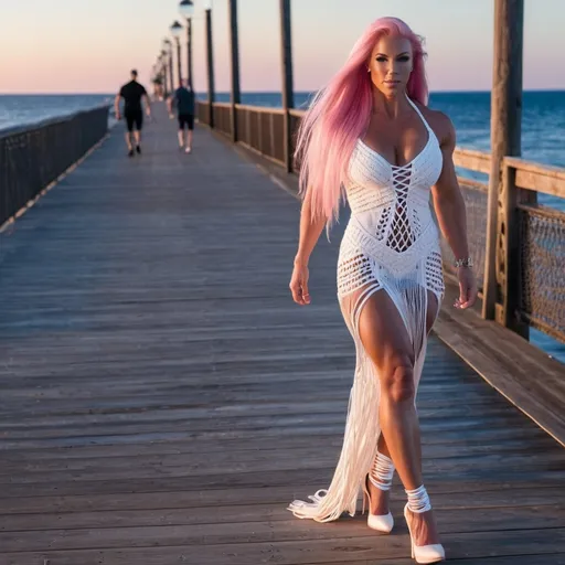 Prompt: Gorgeous ultra-muscular 25-year-old Finnish goddess bodybuilder with huge busom and ridiculously long straight shiny pink hair wearing a beautiful white macrame dress and 8 inch stiletto high heel shoes walking on the boardwalk at dusk.