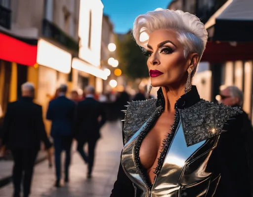 Prompt: A high definition hyper-detail live action digital photograph of A gorgeous ultra-muscular 55-year-old French genderfluid drag queen with short spiky swept over silver hair wearing an amazing ensemble of both men attire and women's attire, and 8 inch stiletto high heel shoes.  Walking down the street at sundown.