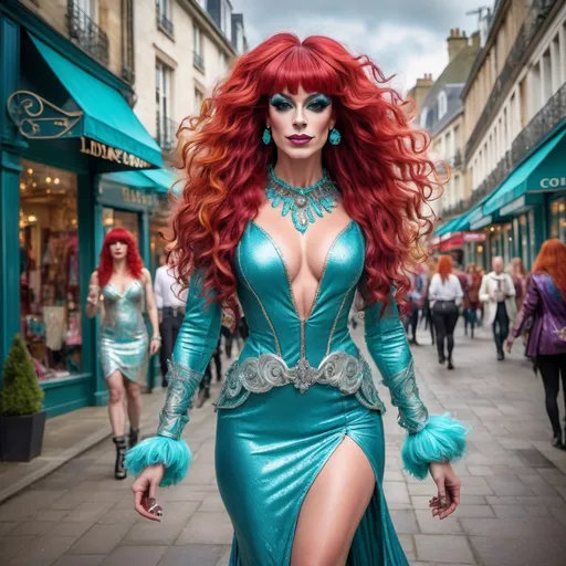 Prompt: Gorgeous muscular 35-year-old French drag queen with long dark red bangs haircut walking down the high street, detailed clothing, realistic, natural lighting, vibrant fantasy style, luxurious white curly/coily hair, striking turquoise eyes, magical atmosphere, enchanting light, whimsical background filled with fantastical elements, lush colors, dreamy vibe, high depth, ultra-detailed, captivating and imaginative composition.