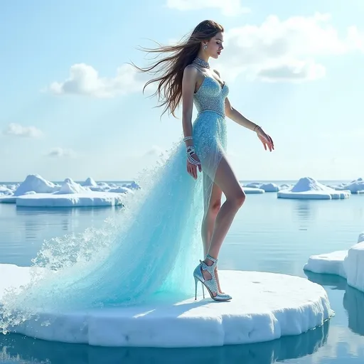 Prompt: 25-year-old gorgeous ultra-muscular Czechian goddess with long muscular legs and long flowing hair of ice wearing a long flowing gown made of ice, ice choker, ice jewelry, and 8 inch stiletto high heel shoes of ice dancing on iceberg. Frozen ocean waves background.