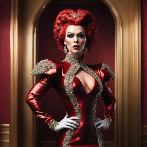 Prompt: Full-length fullbody photograph of a Gorgeous ultra-muscular 25-year-old Swedish drag queen with huge busom and short wavy dark red mohawk hair wearing classic dress at a home,  perfect detailed face, detailed symmetric hazel eyes with circular iris, realistic, stunning realistic photograph, 3d render, octane render, intricately detailed, cinematic, Isometric, Centered hiper reallistic cover photo, awesome full color, dark, gritty, klimt, erte 12k, high definition, cinematic, neoprene, stylized hi-res 64k realistic digital photography, smooth, ultra high definition, 8k, unreal engine 5, ultra sharp focus, ominous, epic, highly detailed, vibrant,  composition focus on full body.