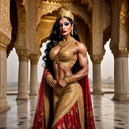 Prompt: A breathtakingly beautiful, muscular 35-year-old Indian drag queen bodybuilder princess from ancient times, standing gracefully in the majestic palace of the Taj Mahal. She wears an opulent, traditional Mughal-era royal outfit, intricately embroidered with gold and encrusted with precious gemstones. Her flowing silk dupatta shimmers under the soft moonlight, casting a mystical glow. Delicate henna patterns adorn her hands, and exquisite jewelry—bejewelled maang tikka, heavy gold necklaces, and shimmering bangles—enhance her regal elegance.

The palace is bathed in a dreamy, ethereal light, with the marble reflecting hues of silver, gold, and soft pastels. Floating flower petals drift through the air, carried by a gentle, unseen breeze. The atmosphere is infused with an enchanting, fairytale-like glow, as if the scene exists between dreams and reality. Wisps of golden mist swirl around her feet, and the sky above is illuminated by a crescent moon and twinkling stars. In the background, the silhouette of the Taj Mahal stands majestically, its domes glowing under the celestial light. The entire scene radiates an aura of romance, mystery, and divine elegance, as if touched by the gods themselves.