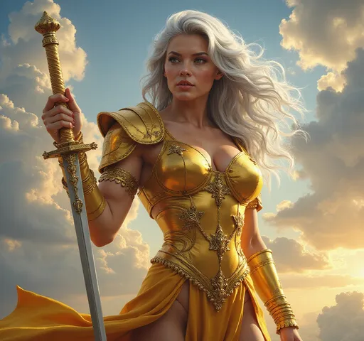 Prompt: (A gorgeous muscular 35-year-old French goddess bodybuilder with silver hair in a golden outfit holding a sword), (dramatic sky background), epic fantasy character, dynamic pose, vibrant colors, intricately detailed armor, highlights reflecting gold, ethereal mood, captivating expression, fantasy elements, masterpiece digital rendering, rich textures, high quality, (Anne Stokes style).