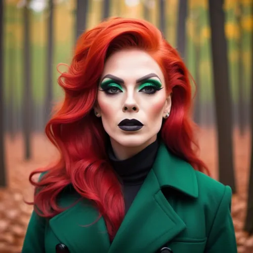 Prompt: Beautiful drag queen, bright red hair, in autumn forest in green long fashion coat, dark eyeshadow and dark lipstick,  very strong masculine jawline and brow,.