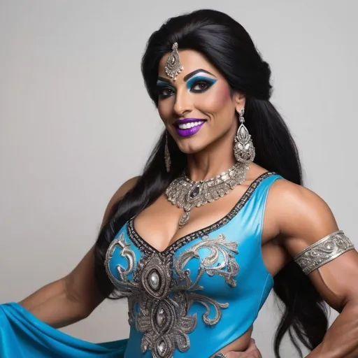 Prompt: A gorgeous muscular 25-year-old Indian British drag queen bodybuilder with large busum and a stunning and confident appearance. She has a radiant smile on her face, exuding charm and positivity. Her attire is a traditional outfit in a vibrant blue color, richly detailed with intricate embroidery and embellishments. Her long, silky black hair cascades down her back, framing her beautiful face. Her large, expressive eyes, adorned with subtle makeup, draw attention with their mesmerizing depth. Her sharp, clear masculine facial features are illuminated in soft, flattering light, showcasing every detail with clarity. Her well-toned, graceful physique resembles that of a goddess, reflecting both strength and elegance. The background is softly blurred to emphasize her presence and create a captivating focus on her beauty and aura