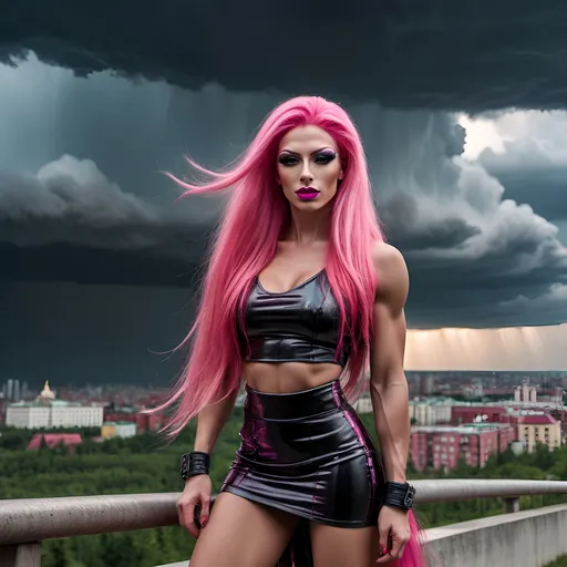 Prompt: Gorgeous ultra-muscular 25-year-old Serbian drag queen bodybuilder with ridiculously long straight shiny pink hair (blowing  in  the  wind) in colorful neon pink and black miniskirt, snmokey eye shadow, dark mascara, dark red lipstick, highly detailed face, UHD, volumetric lighting, standing on a bluff, distant storm approaching Moscow, futuristic fashion, elegant pose, cityscape, urban, intense gaze, highres, ultra-detailed, glamorous, fashion, atmospheric lighting, modern