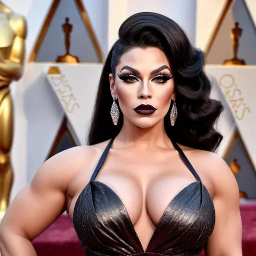 Prompt: Gorgeous thicc muscular 25-year-old Slovenian drag queen (very strong masculine jawline and brow features) with large busom wearing a beautiful stylish multi-fabric gown with long train, 8 inch stiletto high heel shoes.  Dark eyeshadow and dark lipstick. Walking the red carpet at the Oscars.