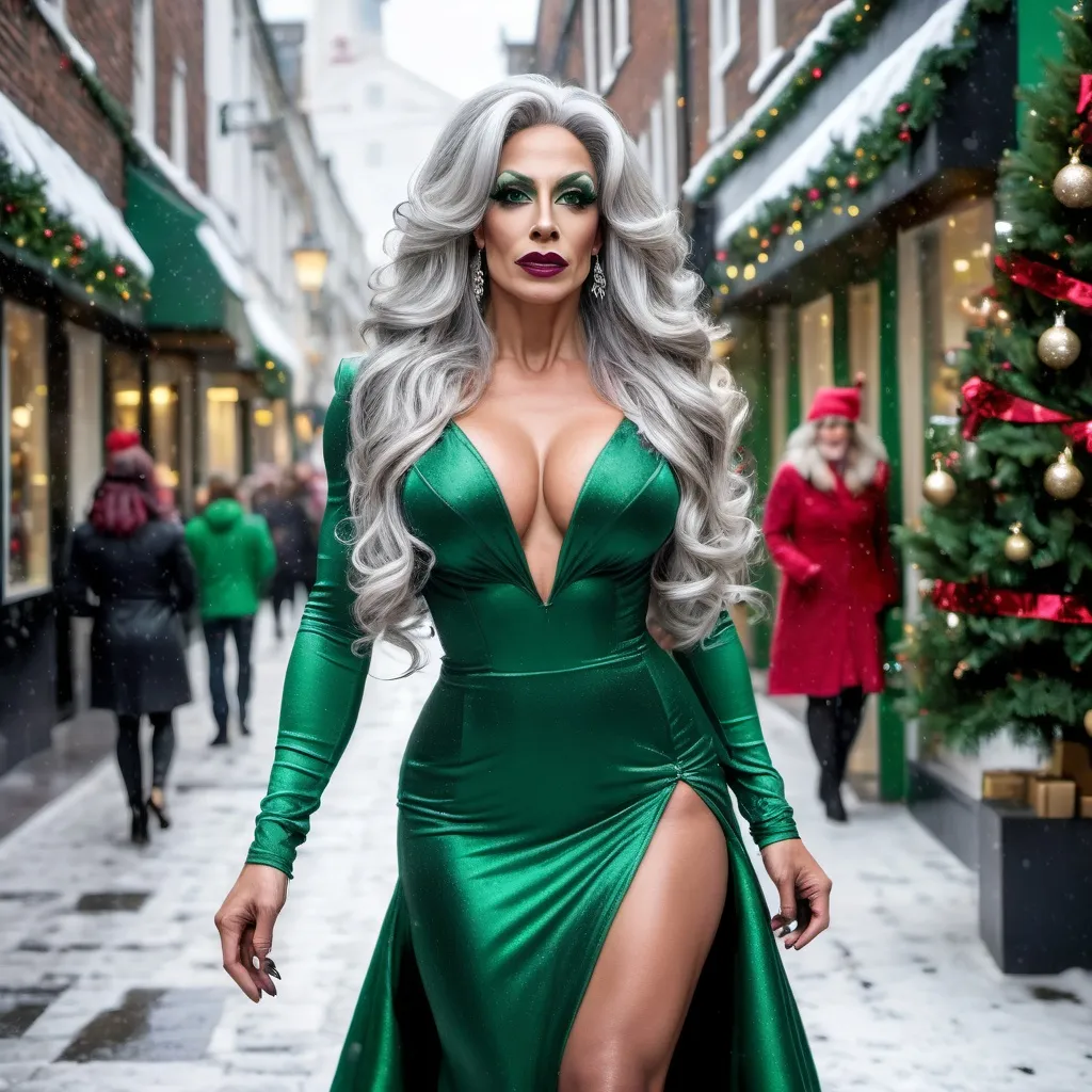 Prompt: Gorgeous muscular 35-year-old Portuguese drag queen bodybuilder with long wavy silver hair, dark eyeshadow, dark lipstick, and large busom, walking down the high street at Christmas, wearing a gorgeous green gown (design as a Christmas tree) and stiletto heels, realistic, natural lighting,  snowing