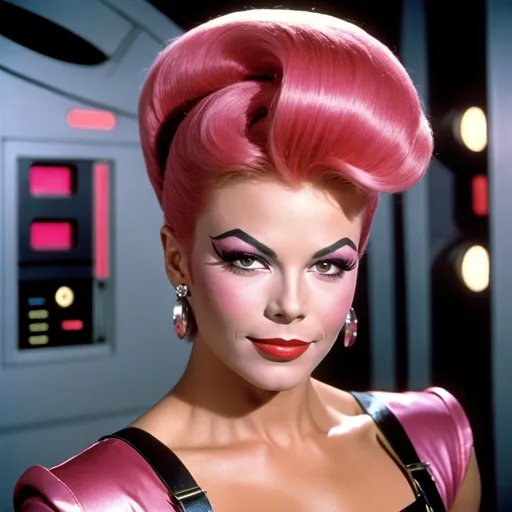 Prompt: Young William Shatner dressed up as a Gorgeous ultra-muscular 25-year-old Czechian drag queen, Star Trek Uniform, harness:1.4, full lips, short swept over pink hair, heavy mascara, dark eyeshadow, dark red lipstick, Bridge Command Center Background, instagram pose, smiling, raw photo, sharp focus on eyes, film grain, magazine cover, high quality, clothing details, fine fabric, full body, art student, (official art, extremely detailed CG unity 8k wallpaper), beautifully detailed eyes, detailed fine nose, detailed fingers, (8k), (best quality), ( masterpiece:1.2), (realistic), ( photorealistic:1.57), extremely detailed handsome gentlebeing, couture, magazine cover, textless, high quality, clothing details, fine fabric, full body, 8k, cinematic lighting (high detailed skin:1.1) ,Enhance,Golden Inspiration