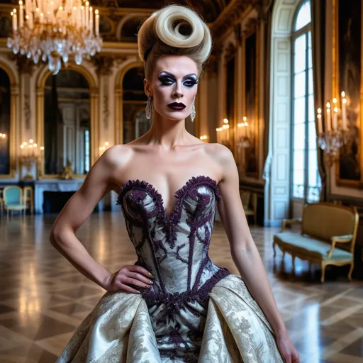 Prompt: Design a modern glamorous wedding dress worn by a real life gorgeous German drag queen ((strong masculine jawline and brow features)) model dress to be daring and glamorous and elegant, dark eye makeup, dark lipstick.  Posing in the Palace of Versailles.