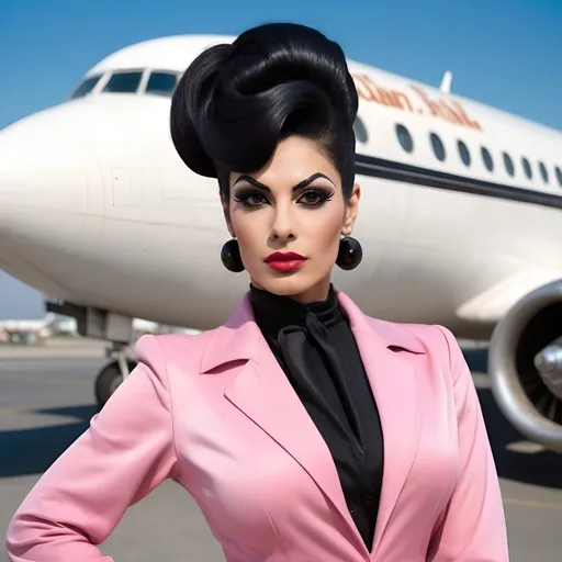 Prompt: Gorgeous ultra-muscular 25-year-old Persian hour glass figured drag queen (strong masculine jawline and brow facial features), with large busom and ridiculously long wavy black updo bun hairstyle dressed as a 1960s stewardess,  passenger plane in background. Full length photography. 