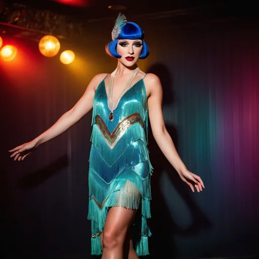 Prompt: Gorgeous 25-year-old Polish drag queen caucasian flapper dancing in a 1920s jazz-age nightclub, vibrant and colorful, full body , shimmering fringe dress, confident posture, smoky and dim lighting, high quality, vibrant colors, glamorous, 1920s, jazz-age, confident stance, dim lighting, nightlife