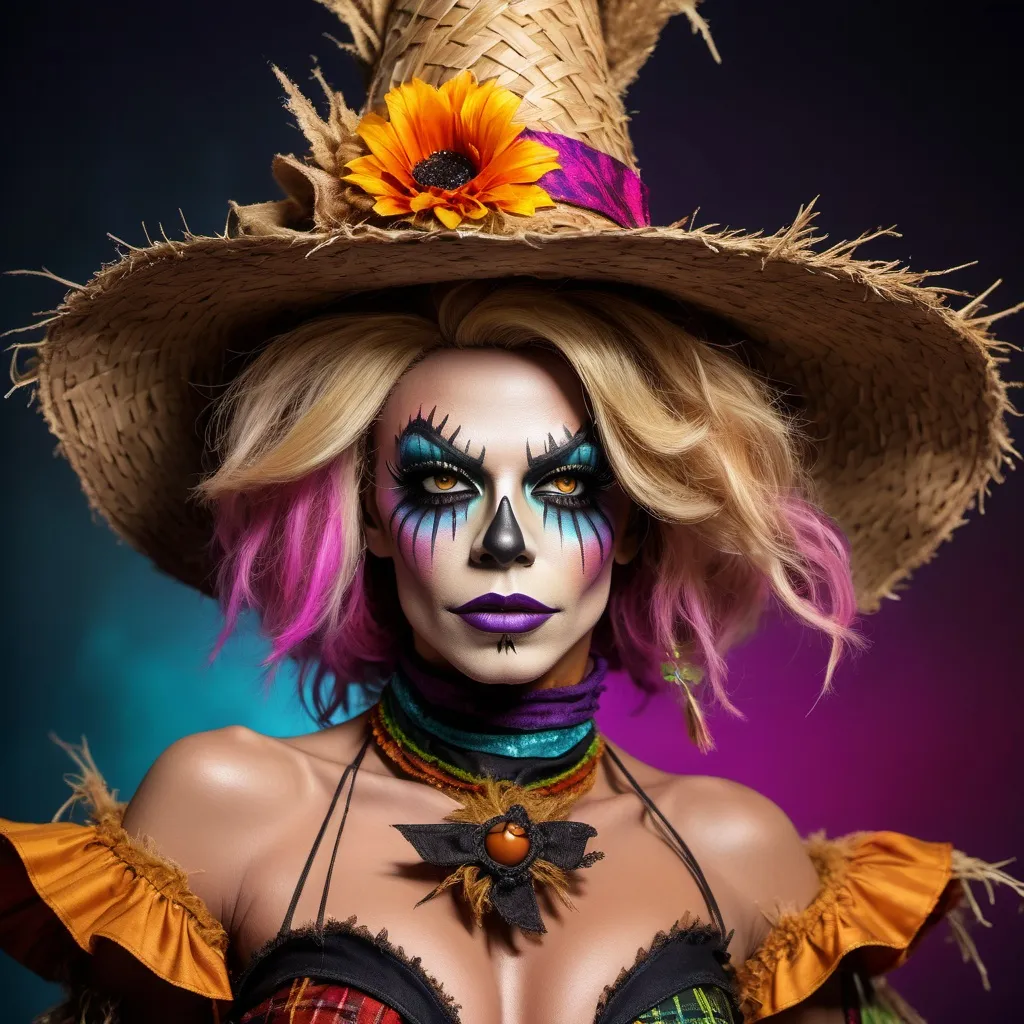 Prompt: Gorgeous ultra-muscular 25-year-old drag queen dressed as a spooky scarecrow.