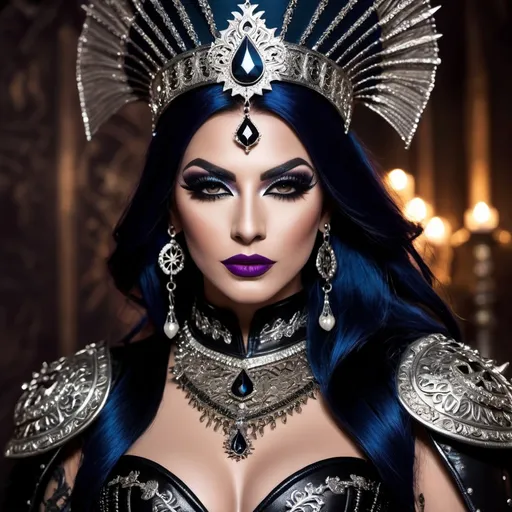 Prompt: Grunge style, stylish Turkish drag queen, (a formidable heroine:1.3), (gothic fantasy:1.25), (warrior armor:1.2), dark allure, formidable armor, ornate engravings, demonic motifs, spiked gauntlets, leather corset, skull ornaments, mystical symbols, ethereal glow, fierce countenance, haunting beauty, moonlit battlefield, (eerie lighting:1.2), (sinister hues:1.1), (intricate patterns:1.15), Textured, distressed, vintage, edgy, punk rock vibe, dirty, noisy