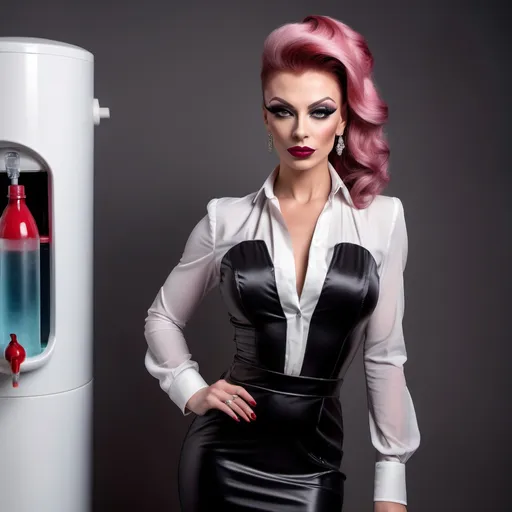 Prompt: Gorgeous, ultra-muscular, 25-year-old Russian drag queen businesswoman, very well endowed, dark pink updo hairstyle, dark eyeshadow and dark red lipstick, wearing sophisticated black business dress and white blouse, 8 inch stiletto high heel shoes, standing by a water cooler.