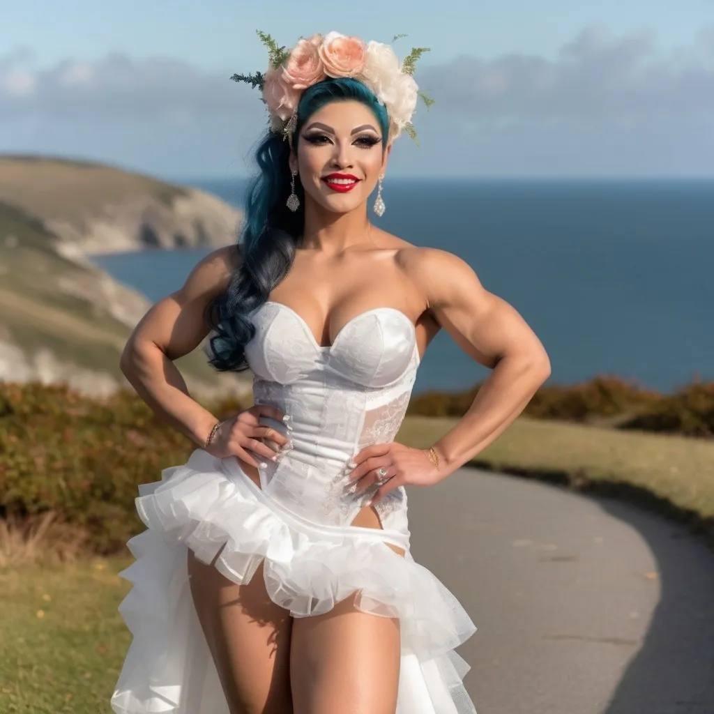 Prompt: Cute and glamorous 20-something Eurasian drag queen bodybuilder, very beautiful,
During a photoshoot wearing a sheer mini wedding dress, garter belt, and stiletto high heels
Hairband on her head
Smiling expression
Outfit that emphasizes her glamorous body
Large busom 
Holding a small bouquet in one hand.
Taking a photo on a windy seaside hill.
Skirt and veil blowing in the wind
Sitting on a bench with her muscular legs slightly spread
Thighs visible
Wearing a garter belt
