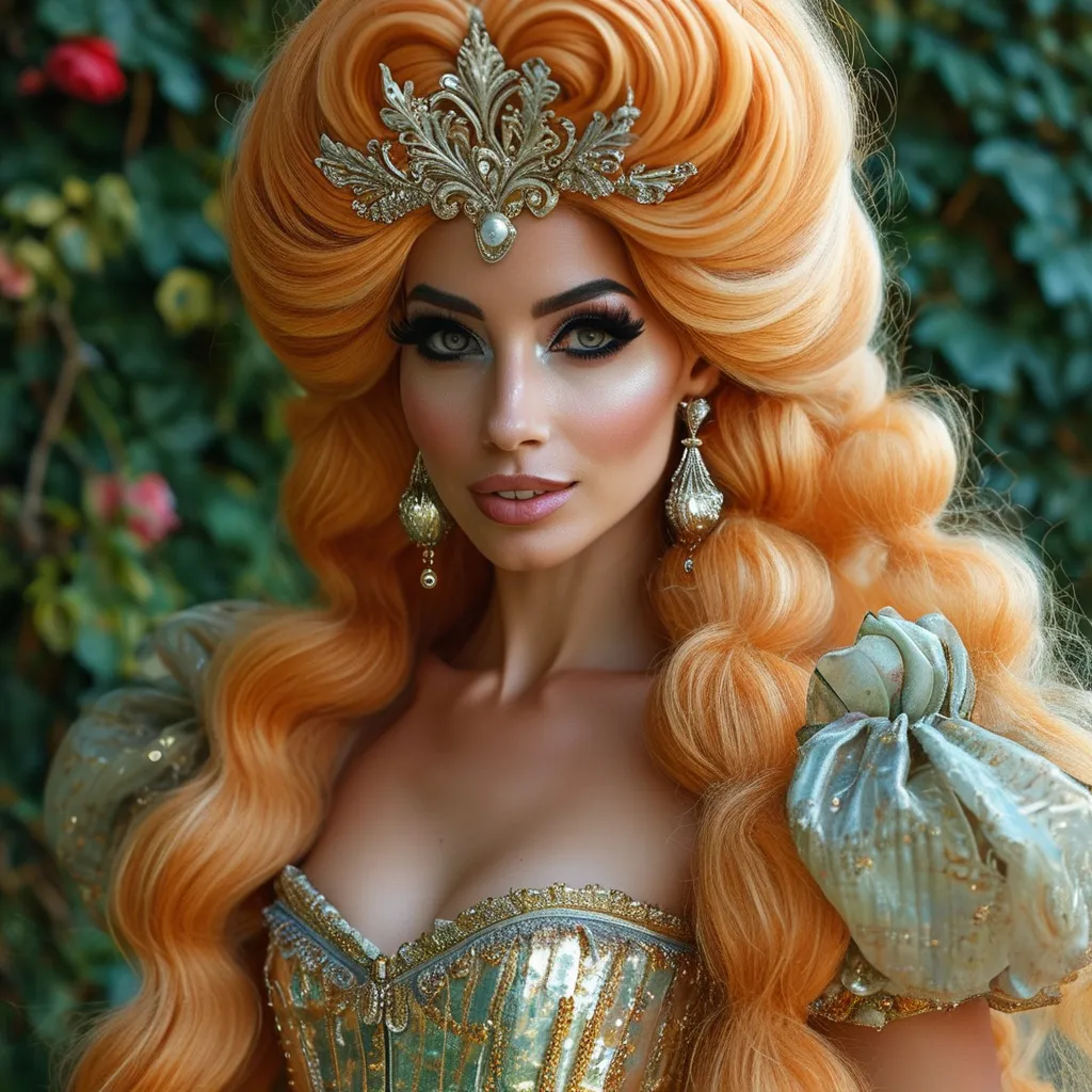 Prompt: a realistic feminine elegant drag queen princess Rapunzel, long dark orange hair, ornate Silver crown , translucent dress, garden background, full length view HD