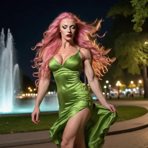 Prompt: Gorgeous ultra-muscular 25-year-old Russian goddess bodybuilder with ridiculously long wavy pink hair (((blowing in the wind))), dark eye shadow and dark red lipstick,  wearing a extravagant yellow and green Prada dress and 8 inch high heel shoes, posing by the fountain in the park at night.