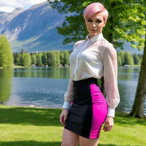 Prompt: Gorgeous ultra-muscular 25-year-old Norwegian transwoman bodybuilder, very well endowed, and short pink pixie haircut, she walks along a lake in a park. Wearing 8 inch stiletto high heel shoes, sheer nylon tights, a knee-length pencil skirt and a matching wrap-around blouse.