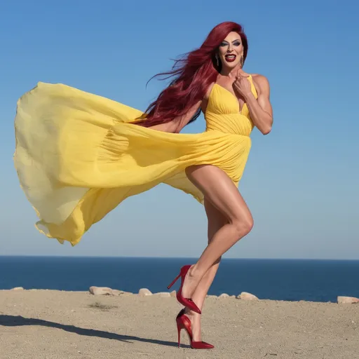 Prompt: Hi-res, 8k hd, Full body photography, Gorgeous tall muscular Bulgarian drag queen, 25 years old, ultra-long straight dark red hair (((blowing in wind))), lean athletic muscles, crystal blue eyes, lean muscular legs, muscular physique, dark smoky eyeshadow, dark red lipstick, smiling, short yellow cotton sundress, 8 inch stiletto high heel shoes, standing in front of the Santa Monica Pier at dusk, 8k photo, elegant, stylish, detailed features, highres, natural lighting, vibrant colors. Full length photography, full body photography. Ultra-detailed,  ultra-realistic.