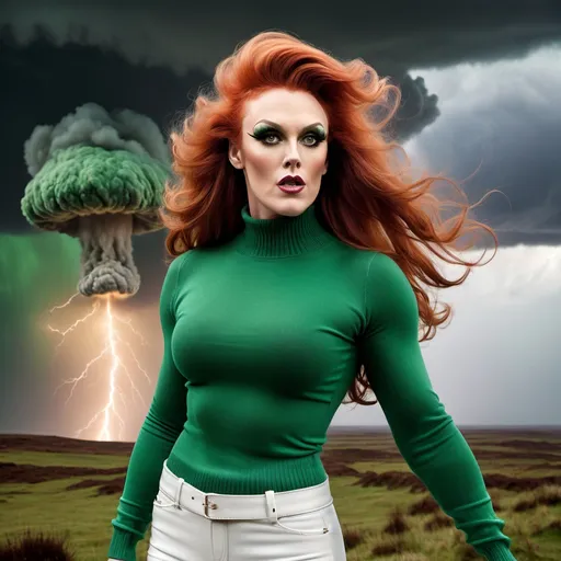 Prompt: Greg Davies dressed up as a Gorgeous ultra-muscular 25-year-old British drag queen bodybuilder with very long wavy auburn hair (((blowing in the wind))) wearing green turtleneck sweater and white leather pants, is standing on the edge of oblivion, a mushroom cloud in the distance. A stormy sky and lightning is overhead.