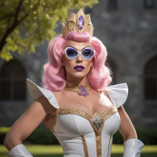 Prompt: Create a highly detailed AI defined image of a highly attractive 35-year-old (caucasian) drag queen college student (with very strong masculine jawline and brow features) in a fantasy uniform, big busom, wearing sunglasses, inspiring lustful uniform, classic makeup, at a unique fantasy school, 
wide landscape lense, ISO 500, Aperture f/22, APS-C, Splash art, dark fantasy art, stunning bokeh, cinematic lighting and scale, super detailed, 64k, high quality perfect lighting, perfect shadows.