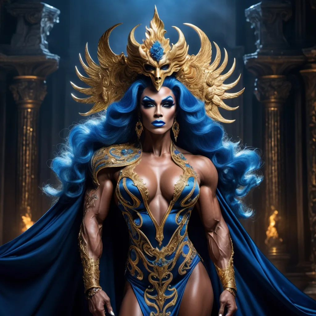 Prompt: The most beautiful caucasian drag queen bodybuilder in Hades wearing the traditional Hades dress.