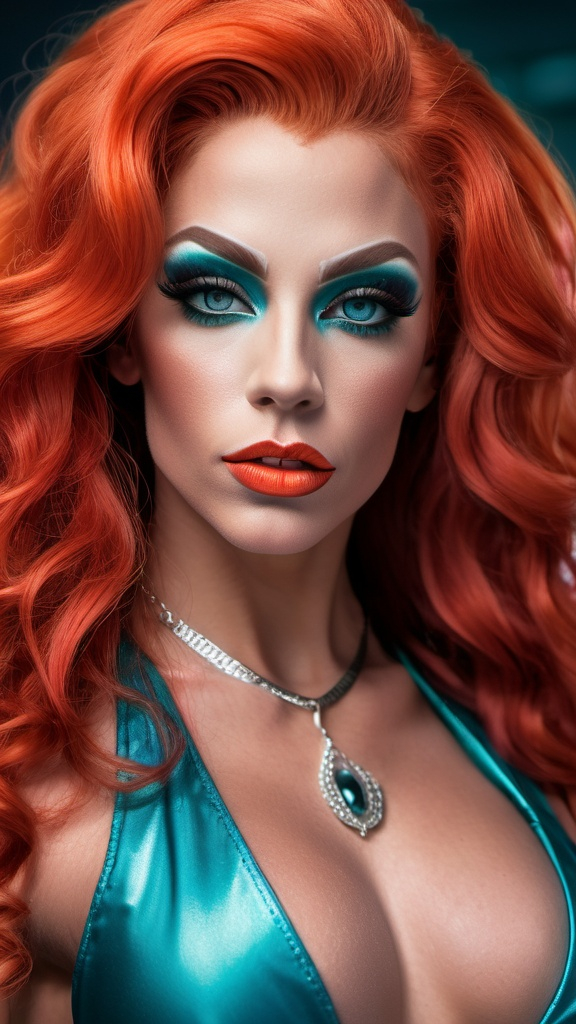 Prompt: Gorgeous ultra-muscular 25-year-old Czechian drag queen bodybuilder, stunning long cascading curly white-red hair, clear and detailed eyes, full body half side potrait of a photorealistic beautiful seductress, dark sky, gloomy, exotic teal and neon orange vintage dress, choker style colar, blue color eyes, detailed face, cyperpunk, full body, magic fantasy, wow effect, Artgerm and rubens style painting, Disney heroes are always a rewarding subject, stunning northern lights as backdrop