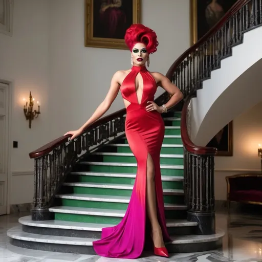 Prompt: Beautiful  olive-skin Israeli bodybuilder drag queen, long bright red updo styled hair, vibrant green eyes, flawless round face, dark eye shadowand dark red lipstick, long flowing magenta & red dress with peekaboo cutout and thigh slit, 8 inch white stiletto high heels, standing on a grand staircase, high-res, pro lighting, pro photo, sharp focus, luxury setting, haute couture fashion, subtle smile, sophisticated, elegant