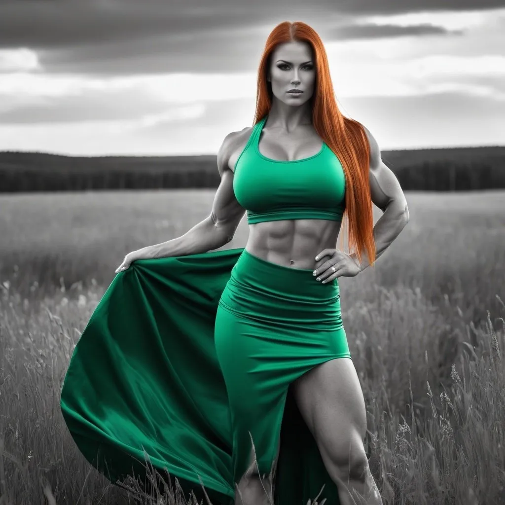 Prompt: 4k , high resolution , detailed features ,achromatic colors , realism ,fashion , glamour photography , art photography , landscape ,view, a gorgeous ultra-muscular 25-year-old Finnish goddess bodybuilder with huge busom and ridiculously long burnt orange shiny straight hair, standing in a beautiful meadow in modeling pose ,detailed crop top shirt , green wrap-around skirt , legs , low angle shot , 8 inch stiletto open toe high heel shoes 