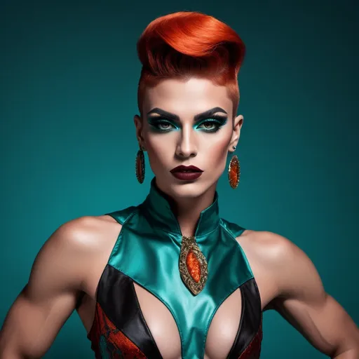 Prompt:  (A gorgeous muscular 25-year-old Macedonian drag queen (masculine jawline and brow features) with dark eyeshadow, 
dark lipstick,  and dark orange hair wearing a teal Versace), fierce pose, dramatic (red and black color palette), high-fashion editorial style, luxurious fabric textures, sleek and chic outfit details, vivid presence, modern ambiance, strong emotional intensity, cinematic lighting, backdrop of elegant high-fashion runway, (ultra-detailed, 4K).