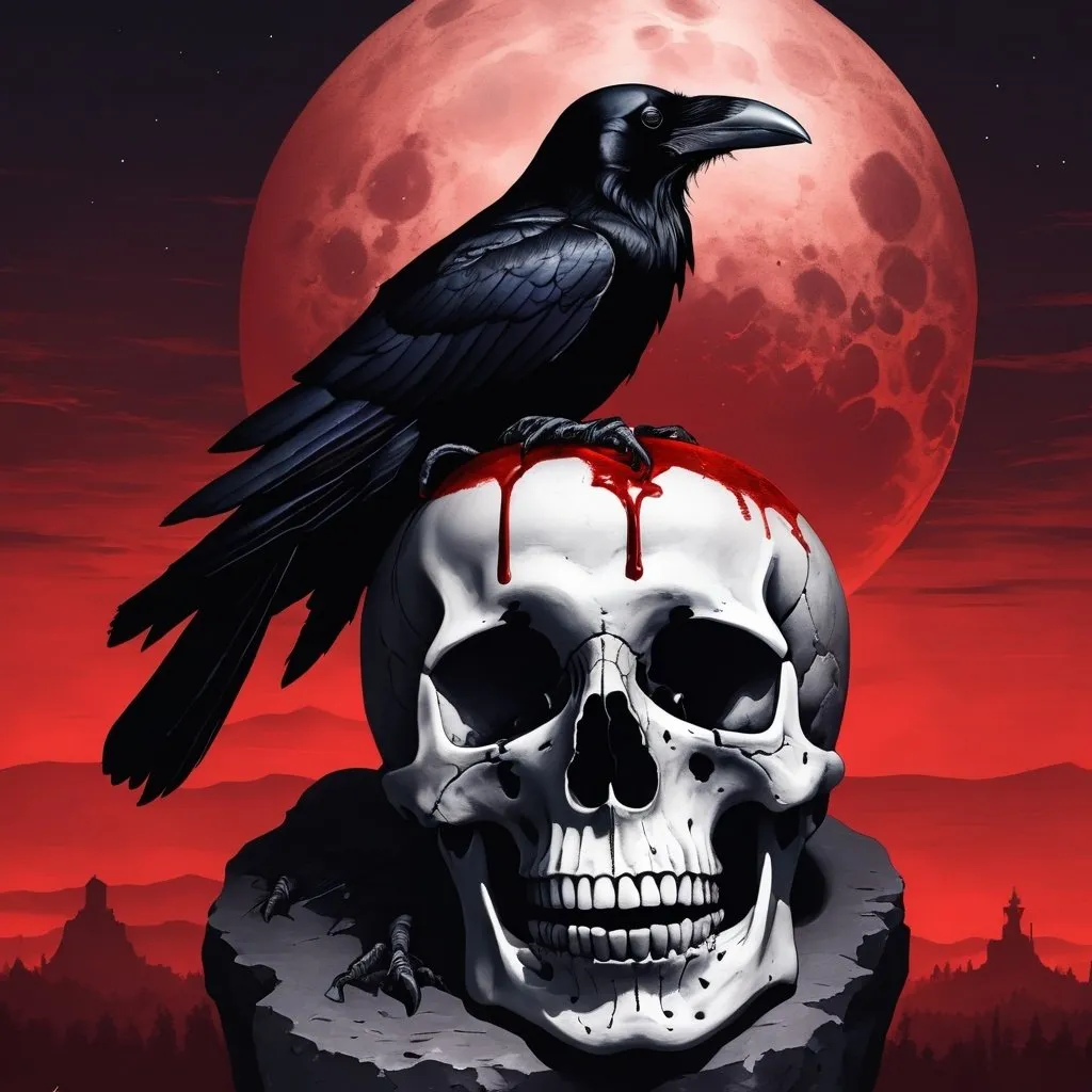 Prompt: A raven sitting atop a human skull lit by a blood moon