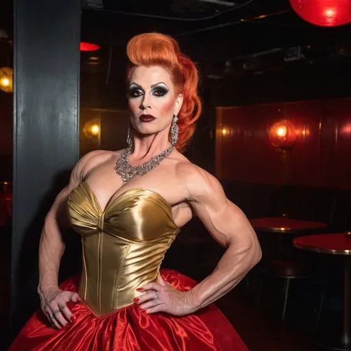 Prompt: 64k his-res digital Full length photograph of a Gorgeous busomy 35-year-old Finnish drag queen bodybuilder with auburn, long updo hair style. (((Gold and red ball gown and high heel shoes))). Dark eye shadow and dark red lipstick. Posing on the dance floor.